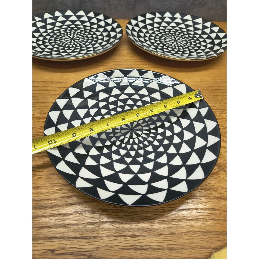 3 Thyme & Table Salad Plates Black Medallion Spanish Tile Stoneware Gold Rim‎